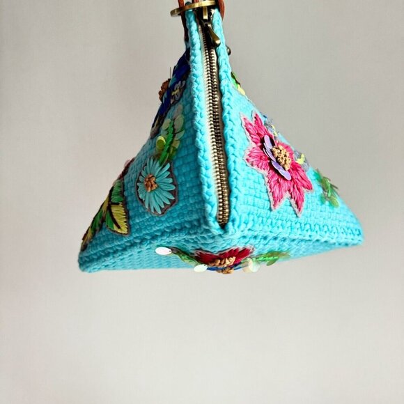 RIIR Blue Woven Floral Embroidered Unique Triangular Wristlet Bag - Picture 6 of 8